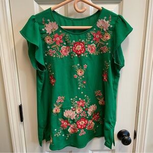 Floral Embroidered Green Top